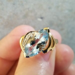 14K Gold Marquis Swiss Blue Topaz / Diamond Ring